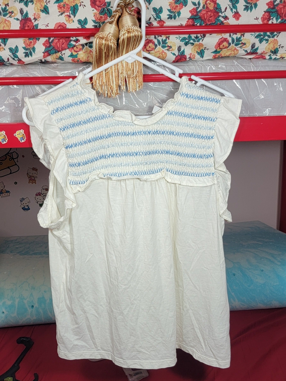 J. Crew Cream Ruffle Sleeve Blouse with Light Blue Smocking Size Small